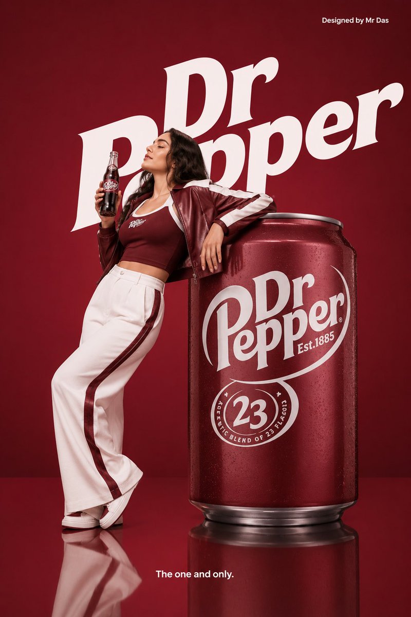 极简风格的商业广告，主打一只超大号的胡椒博士（Dr Pepper）易拉罐，设计极为干净利落。一位年轻女子身着时尚的栗色与白色相间的服装，以放松且...