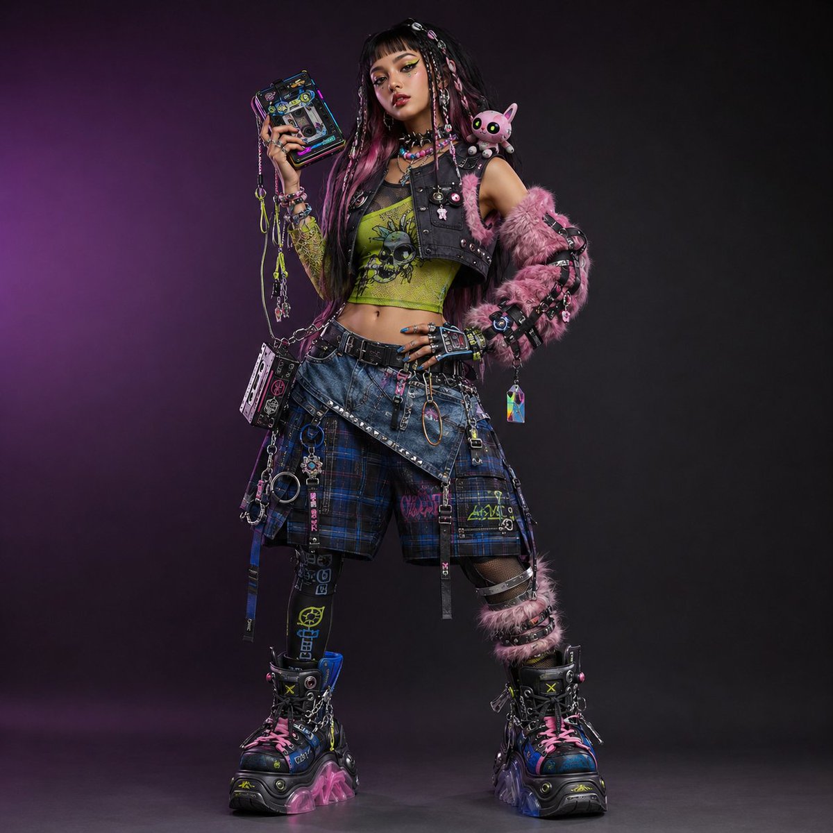 创作一个完全原创的全身角色设计,名为 Mika Static(Mika 静电),她是一位成年女性地下街头时尚偶像,融合了俏皮的 Y2K 可爱时尚...
