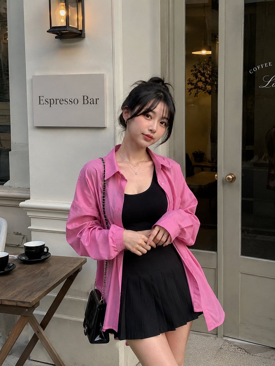 一位时尚年轻女子站在一家迷人的极简主义浓缩咖啡馆外，身穿一件超大亮粉色纽扣衬衫，内搭黑色短款上衣，下身着黑色百褶迷你裙。她的深色头发扎成柔和随意的发髻，散落几缕修饰脸型的发丝，搭配精致的层叠项...