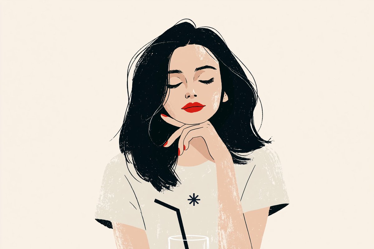 一幅极简风格的插画，主体为[subject]，背景为米色，配有[hair description]、[facial details]以及[expression]。身穿[clothing]，姿态...