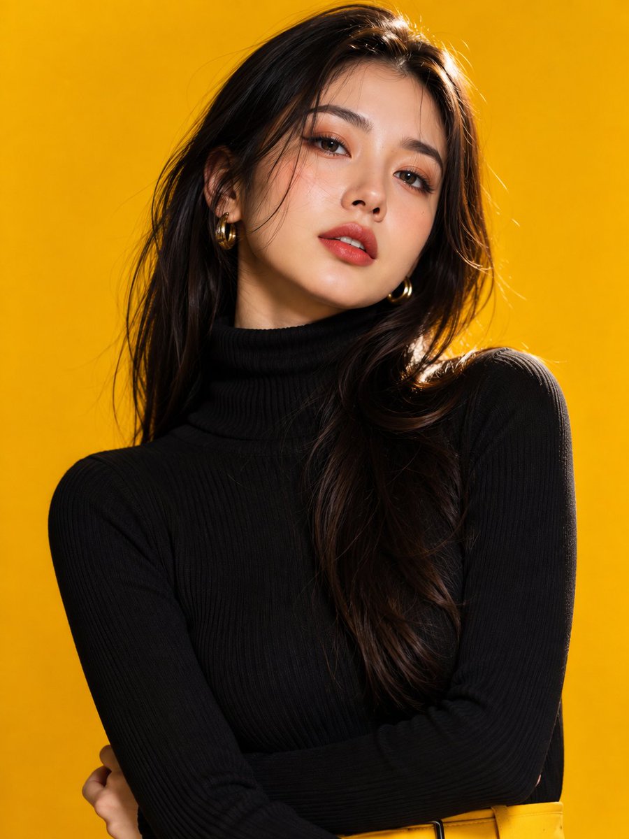 一位魅力四射、倾国倾城的年轻日本女性,在奢华时装工作室中自信地摆出姿势,背景为无缝的鲜艳金黄色。她拥有无瑕的瓷白肌肤,丝般顺滑的乌黑长发带着柔和的天然波浪,垂落在一边肩膀上;温润的杏仁状棕色眼...