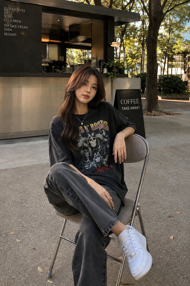 一位时尚的年轻女子随意地坐在一个现代折叠椅上，背景是一个极简风格的户外咖啡小亭。她身穿一件超大版型的复古水洗黑色乐队图案T恤，搭配宽松的灰色直筒...
