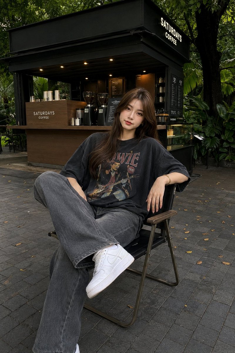 一位时尚的年轻女子随意地坐在一个现代折叠椅上，背景是一个极简风格的户外咖啡小亭。她身穿一件超大版型的复古水洗黑色乐队图案T恤，搭配宽松的灰色直筒牛仔裤，脚踩干净的白色运动鞋。她有一头丝滑的栗棕...