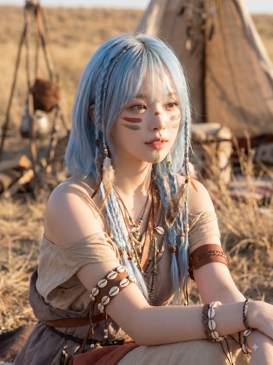 使用上传的肖像作为人物面部、面部结构、眼睛、鼻子、嘴唇、肤色、发型、原始发色和整体气质的身份参考。 创建一个高质量、逼真的电影感肖像，将同一个人塑造为部落波西米亚沙漠旅行者／游牧战士形象，但融...