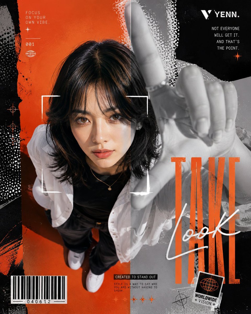 现代时尚编辑海报,采用大胆的Y2K街头服饰图形设计风格。 一位年轻女性留着黑色短波波头与齐平直刘海,自信而平静地直视镜头。 采用广角镜头(约24...