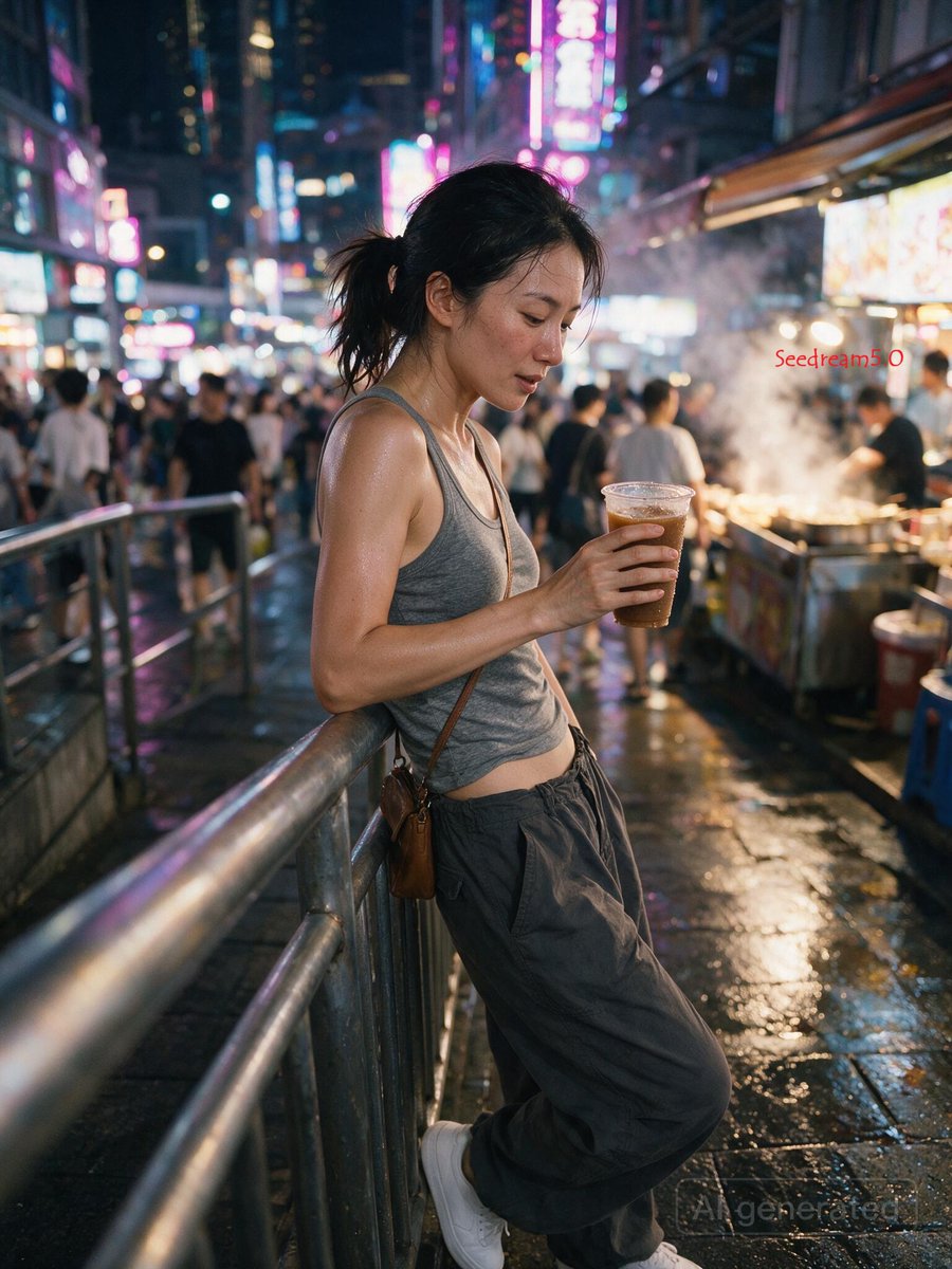 3:4，iPhone 17 35mm 镜头抓拍的真实生活照片。 主体：25 岁以上的中国女性，身材修长健美，自然的面部特征，穿着紧身灰色背心，因闷热潮湿而略微贴合皮肤，宽松工装裤低挂在胯骨处，...