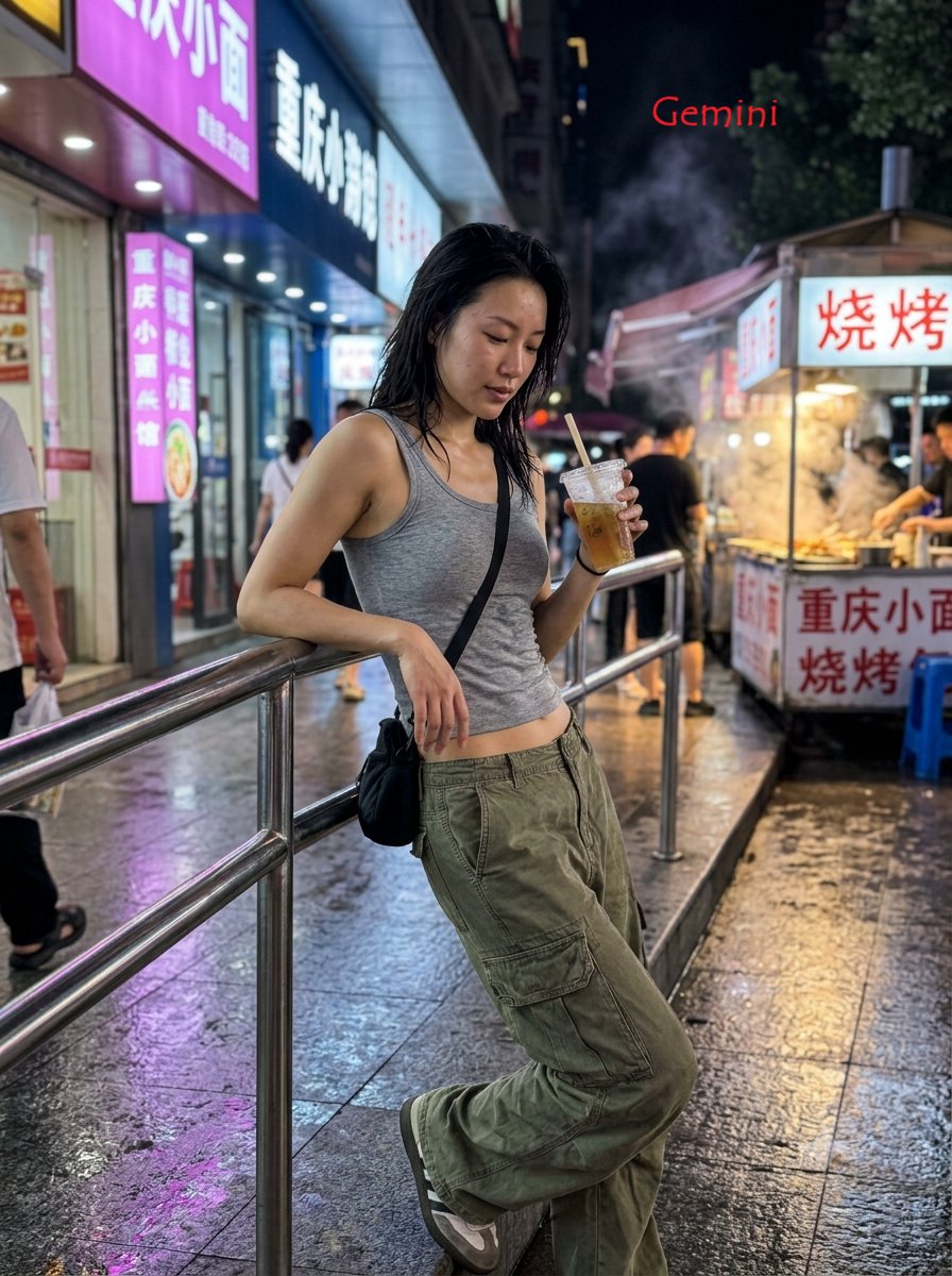 3:4，iPhone 17 35mm 镜头抓拍的真实生活照片。 主体：25 岁以上的中国女性，身材修长健美，自然的面部特征，穿着紧身灰色背心，因闷热潮湿而略微贴合皮肤，宽松工装裤低挂在胯骨处，...