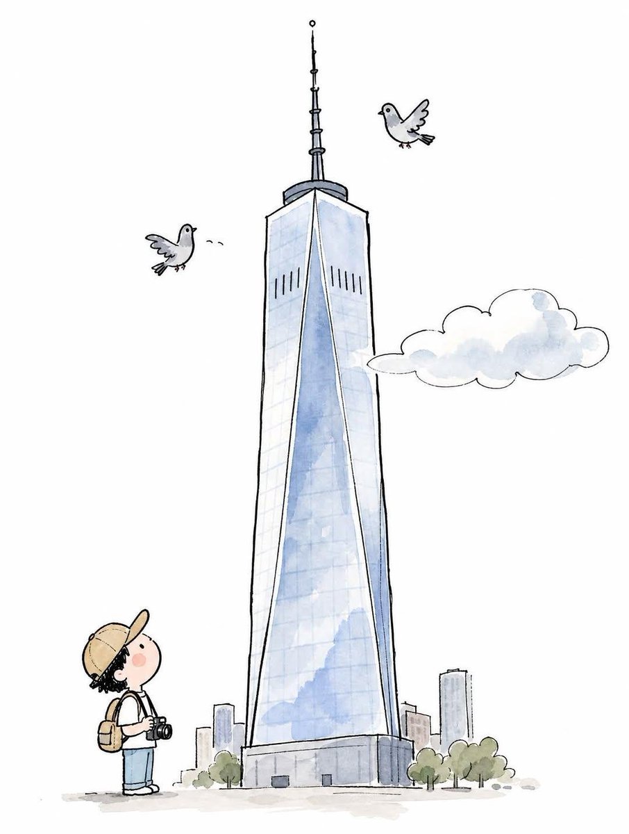 一幅极简手绘涂鸦插画，画面中央是[ICONIC LANDMARK]（标志性建筑）高耸且略微倾斜地矗立着，顶部环绕着一小只涂鸦风格的[LOCAL...