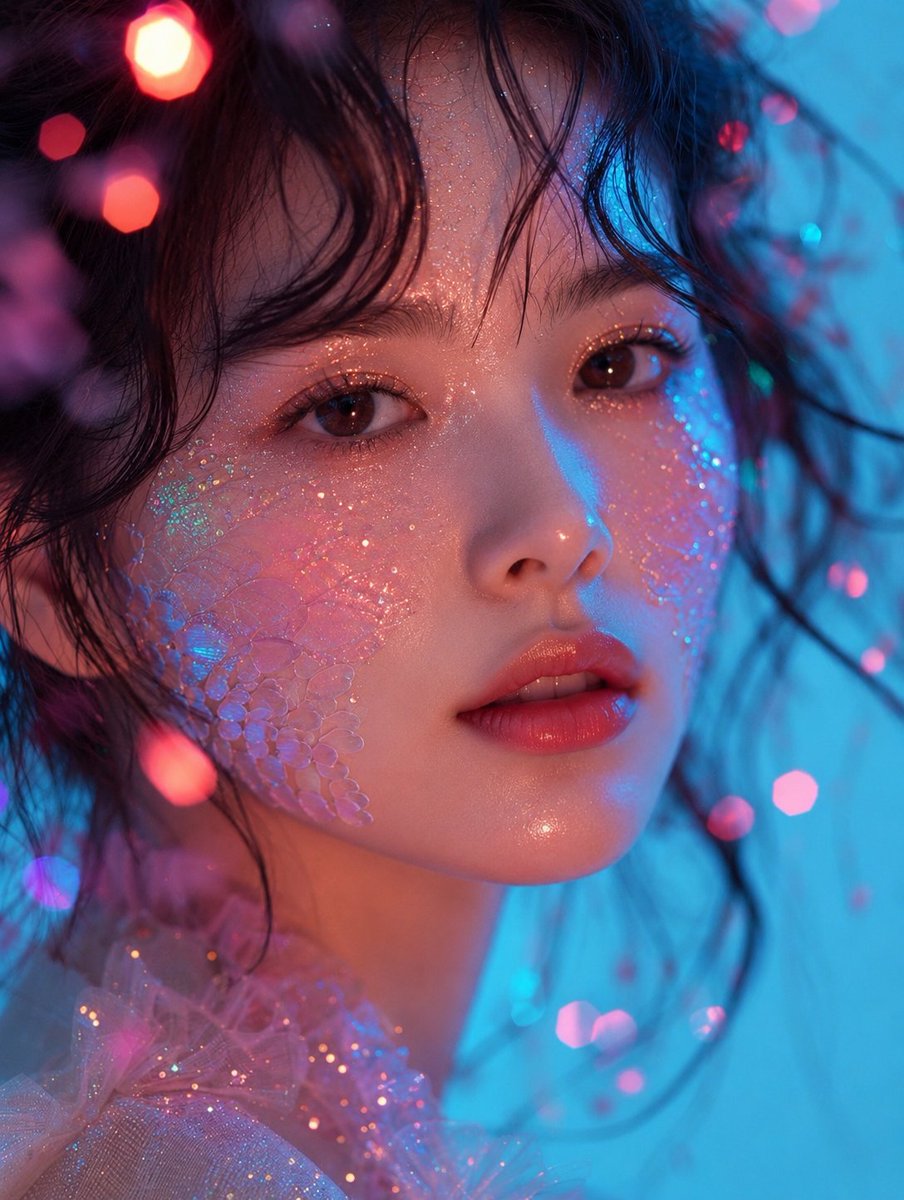 超写实电影感美妆人像，年轻东亚女性，极致特写头像，面部完美对称，瓷器般光泽肌肤呈现自然次表面散射，温暖棕色大眼睛带有细腻反光，柔和光泽的珊瑚粉唇...