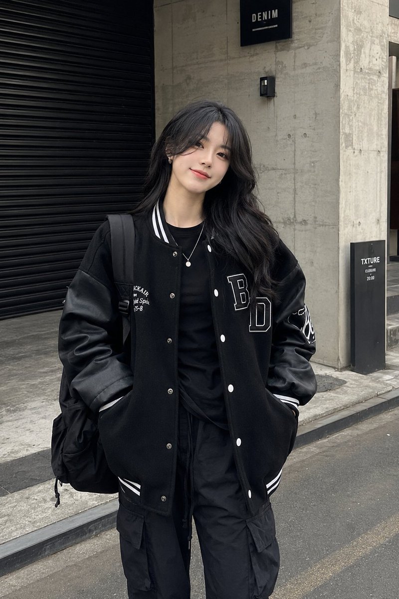 一张潮流街头服饰时尚人像照：一位时尚年轻女性自信地站在一座现代工业建筑前，建筑拥有混凝土墙面和一扇黑色金属卷帘门。她身穿一件超大版型的黑色棒球外套，袖部为皮革材质，外套上有醒目的白色徽章贴片，...