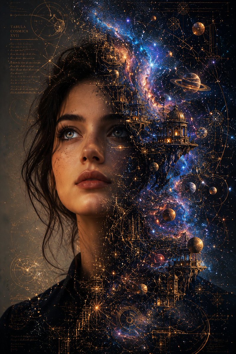 宇宙制图师 一位思绪本身就成为宇宙的女性。半幅肖像，半幅天体杰作——发丝中流淌着璀璨星云，星座化作古老的星图，金色蓝图揭示出散布于宇宙间的隐秘天...