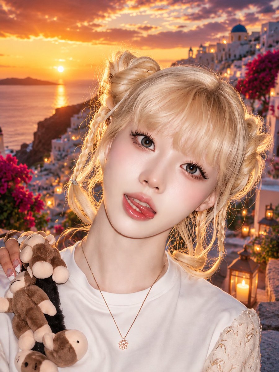 一张惊艳的超近距离美妆人像特写：一位年轻的东亚女性，柔顺的铂金色头发梳成两个俏皮的丸子头，额前点缀着几缕精致的编发，柔和地修饰脸型。她拥有无瑕的...