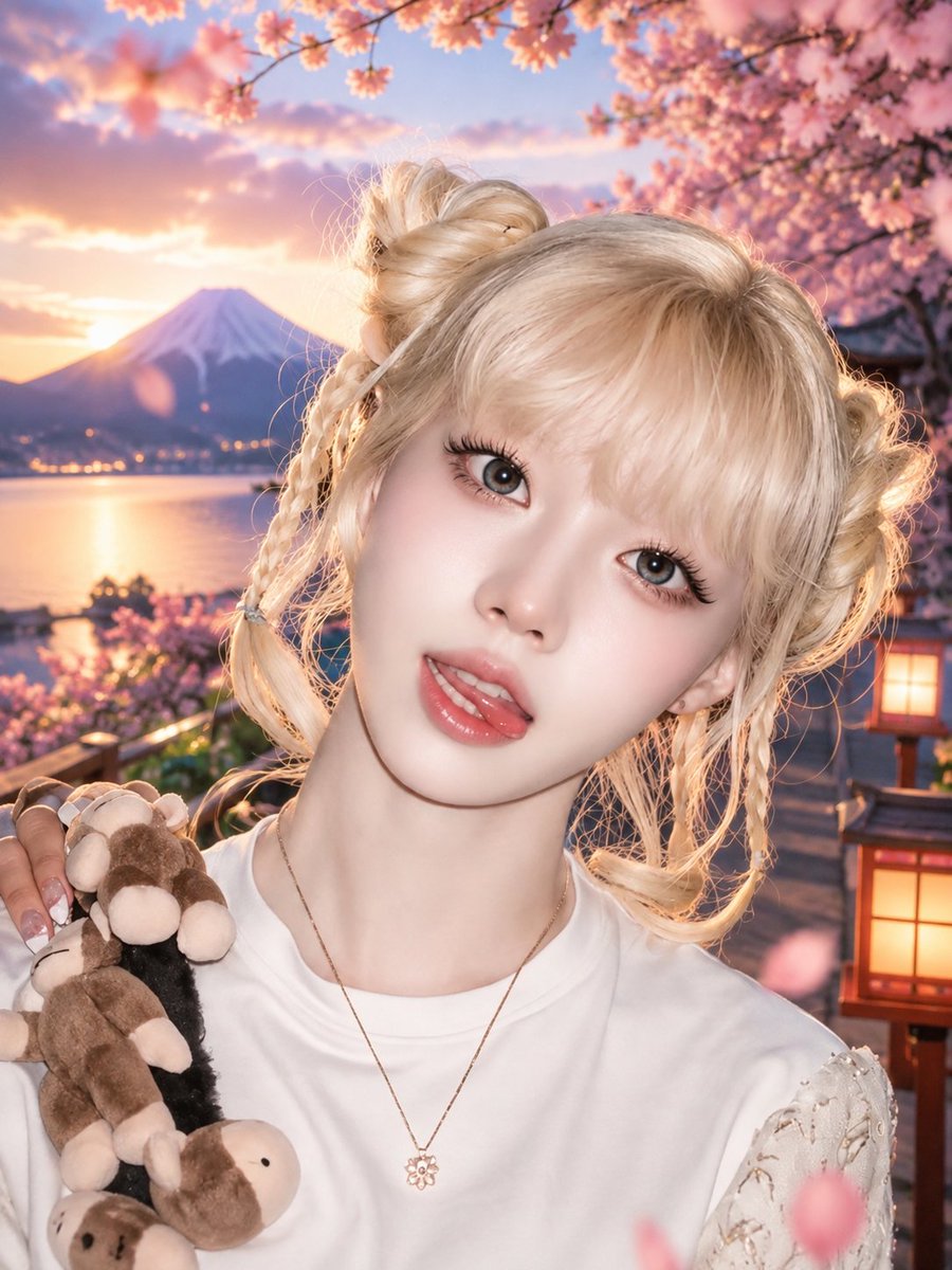 一张惊艳的超近距离美妆人像特写：一位年轻的东亚女性，柔顺的铂金色头发梳成两个俏皮的丸子头，额前点缀着几缕精致的编发，柔和地修饰脸型。她拥有无瑕的瓷白肌肤，灰棕色大眼睛闪烁着晶莹光彩，配以纤长卷...