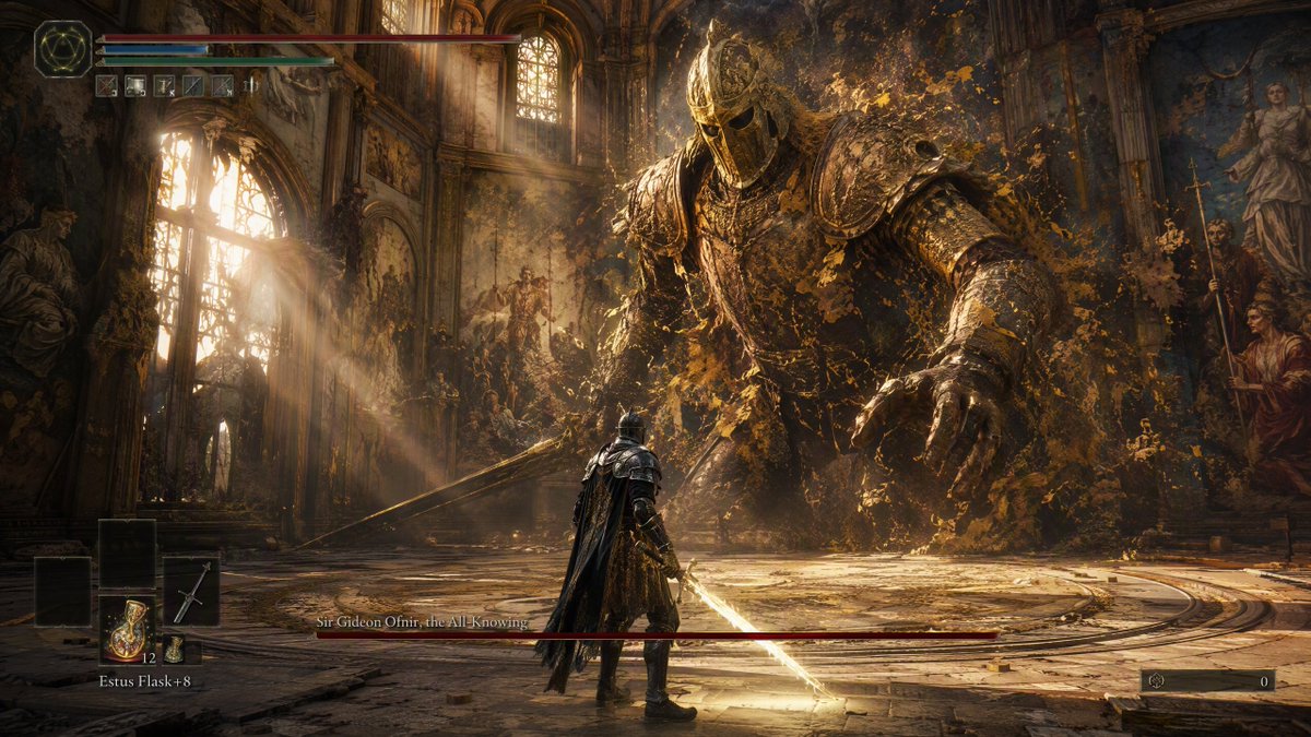 AAA 级奇幻动作 RPG 游戏玩法截图，第三人称视角，位于一座被改造成魔法活体绘画的巨大废弃大教堂内部。古老的石材大理石建筑覆盖着巨型文艺复兴...