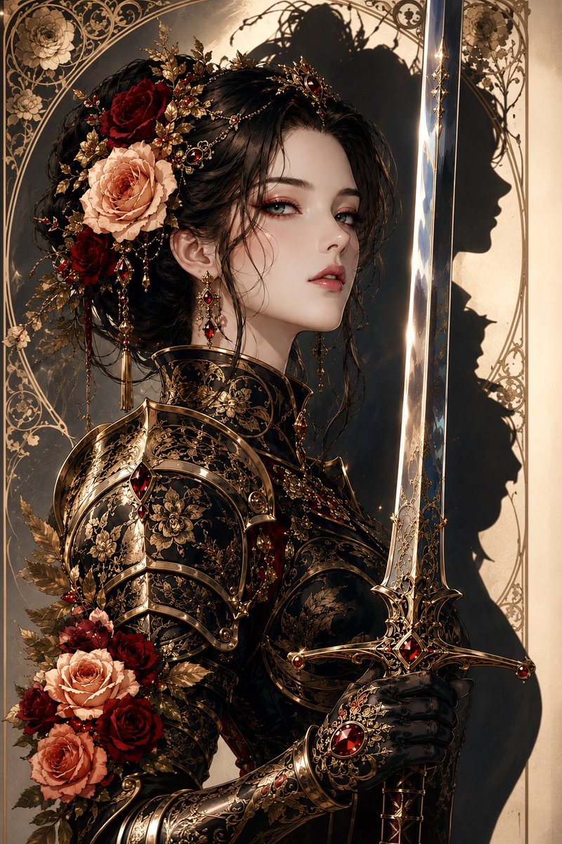 一幅引人注目的竖版奇幻动漫肖像画，描绘一位优雅的女战士身穿镶嵌有黑、棕褐与金色的精致雕花铠甲，呈四分之三侧面视角。她将一把修长而光亮的剑竖直握在...