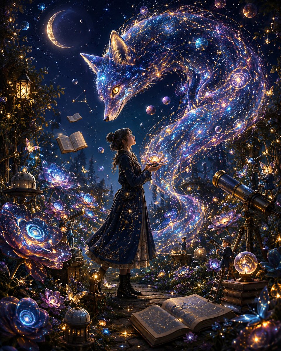 天文学家的秘密花园 🌙🦊 有些谜团并非藏在星辰之中。 它们在我们内心深处悄然绽放。 每个夜晚，她都在天空中搜寻答案。 直到她发现，宇宙一直就在她...