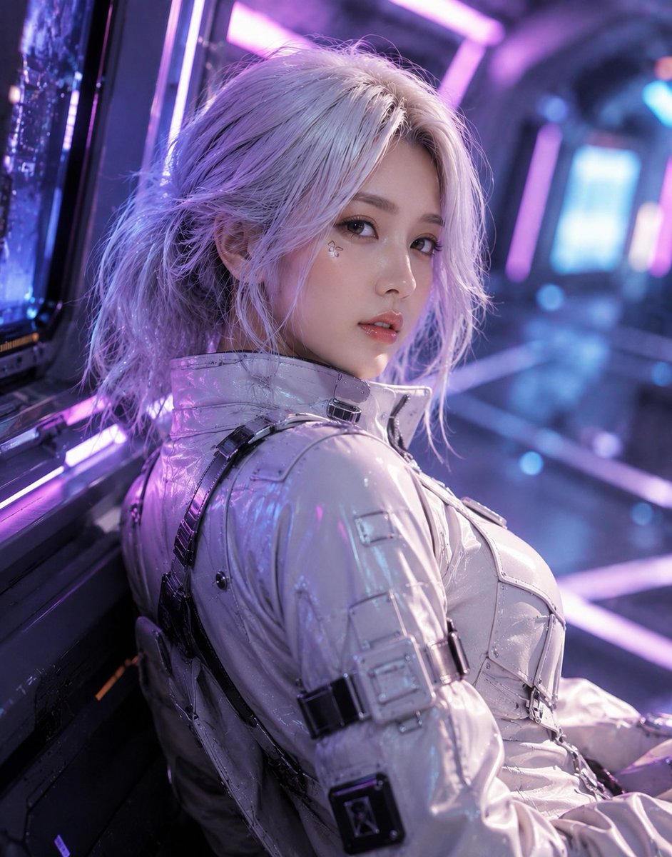 GPT image 2.0 提示词 1：超写实赛博朋克风格年轻美丽女性肖像，无瑕瓷白肌肤，精致东亚面部特征，肩长凌乱铂金白发带淡紫色高光，宽松低马尾并有碎发修饰脸型，大而柔和的灰棕色眼睛，自然...