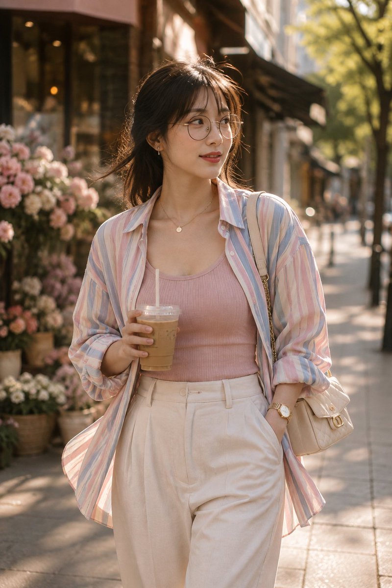 电影感的街拍人像：一位年轻女性走在阳光明媚的城市人行道上，戴着圆形细框眼镜，身穿粉彩色粉红、蓝色与奶油色竖条纹宽松纽扣衬衫（敞开穿着），内搭罗纹...