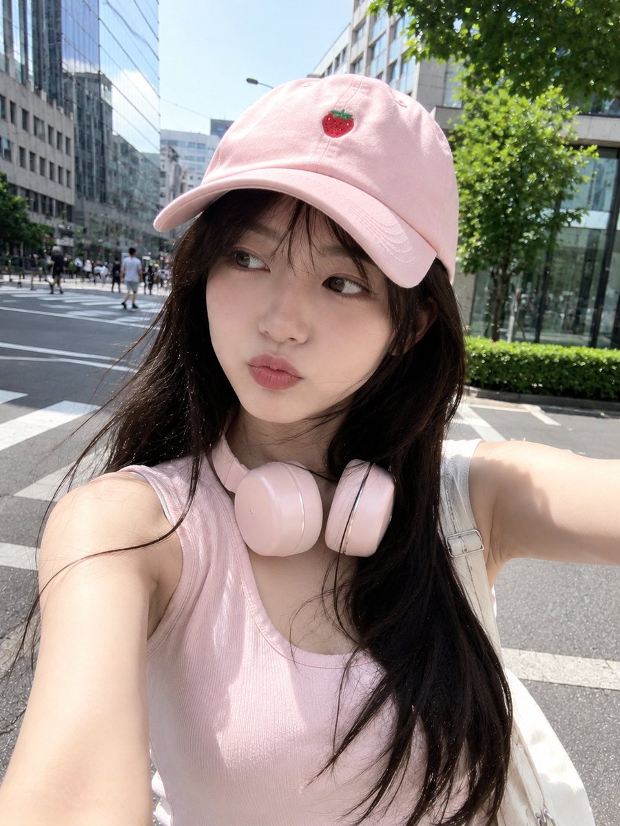 超写实智能手机自拍照：一位可爱的年轻日本女性在阳光明媚的日子里走过现代都市。她拥有白皙的瓷肌，乌黑的长棕色头发在风中飘扬，正俏皮地眨眼并嘟嘴。她...
