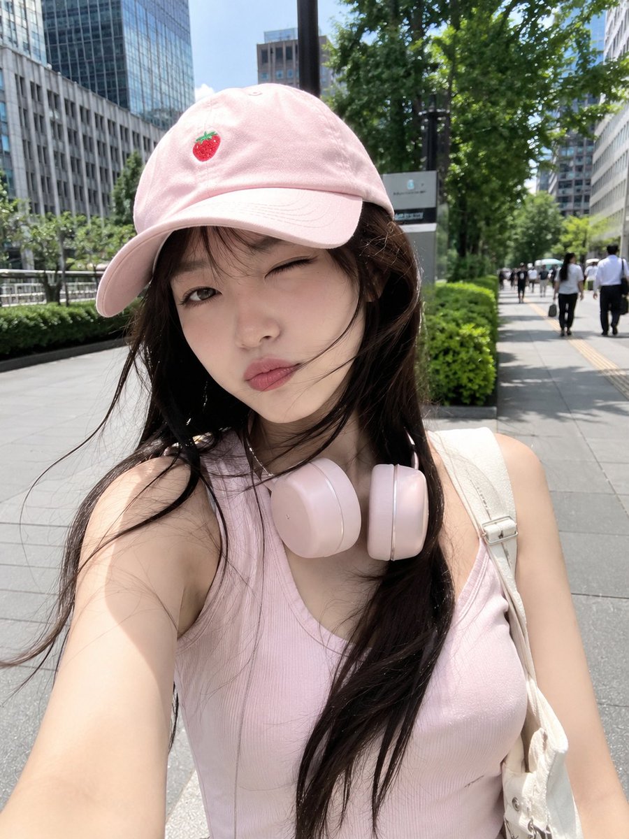 超写实智能手机自拍照：一位可爱的年轻日本女性在阳光明媚的日子里走过现代都市。她拥有白皙的瓷肌，乌黑的长棕色头发在风中飘扬，正俏皮地眨眼并嘟嘴。她头戴一顶浅粉色棒球帽，上面绣着一颗小草莓，身穿粉...