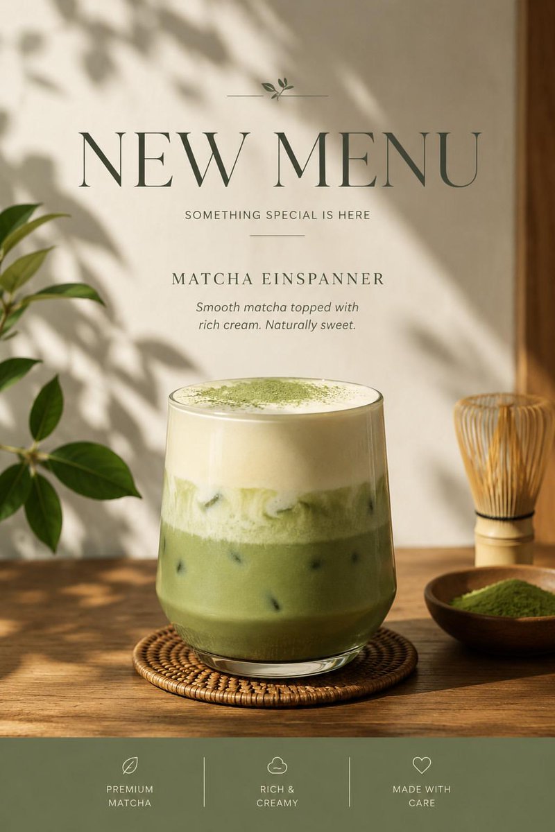 Create a premium cafe advertisement poster featuring PRODUCT_NAME as the main subject. The compo...