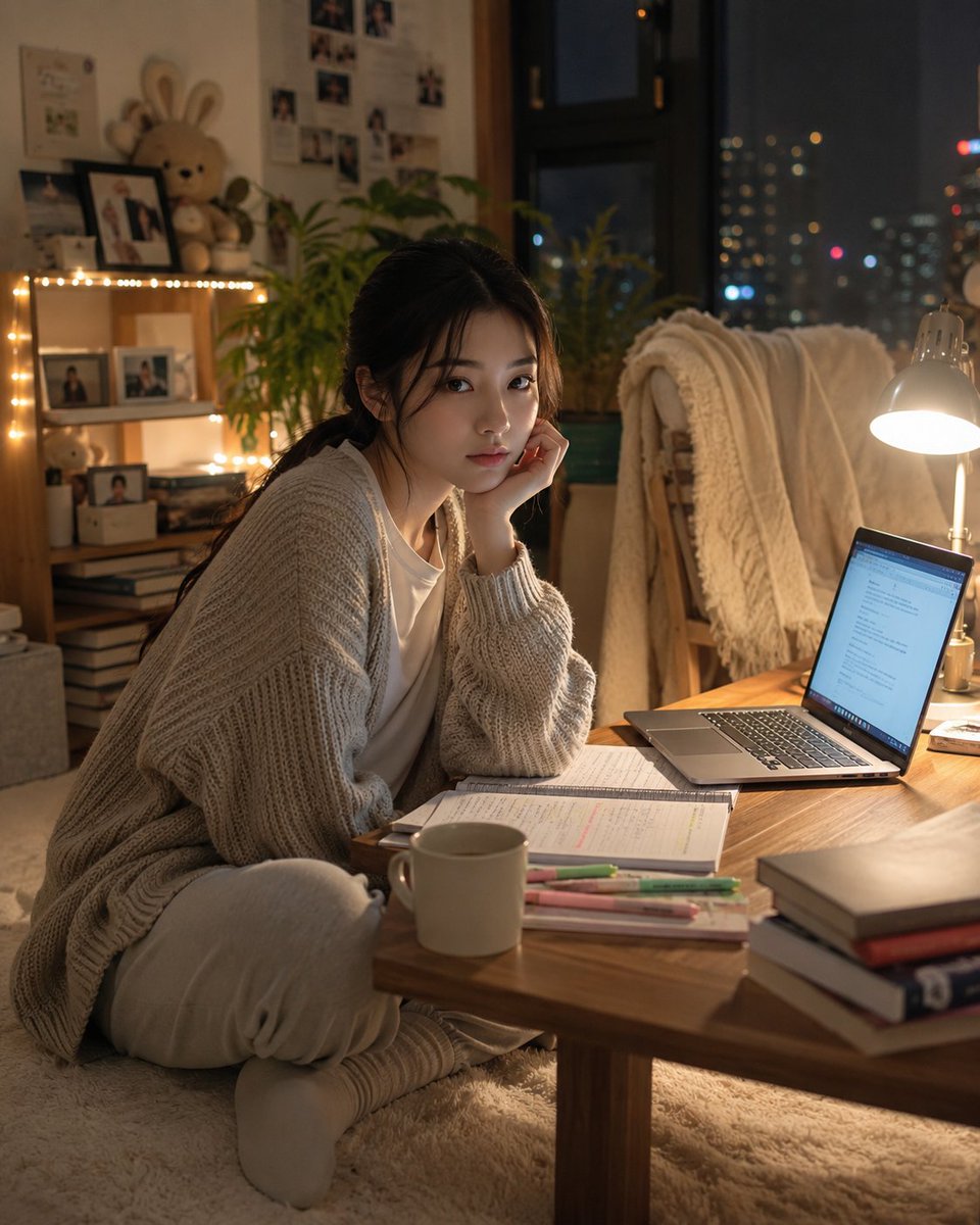超写实风格的韩式温馨书房人像：一位美丽的韩国女性夜晚盘腿坐在低矮书桌旁的柔软地毯上,身体微微前倾,下巴轻轻搭在一只手上,以平静专注的神情望向镜头...