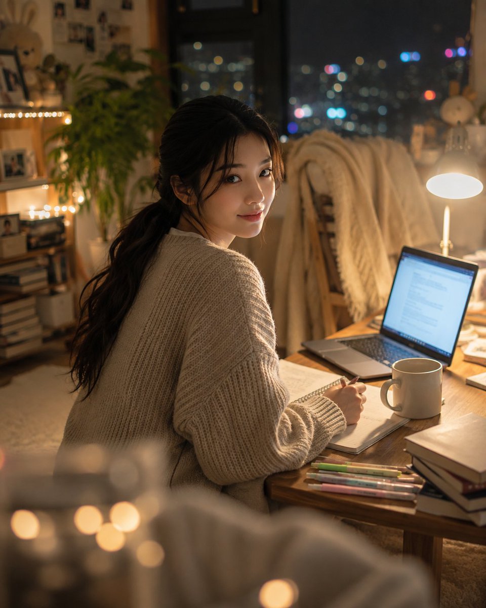 超写实风格的韩式温馨书房人像：一位美丽的韩国女性夜晚盘腿坐在低矮书桌旁的柔软地毯上,身体微微前倾,下巴轻轻搭在一只手上,以平静专注的神情望向镜头,仿佛刚从笔记中抬起头来瞥了一眼。 身穿宽松慵懒...