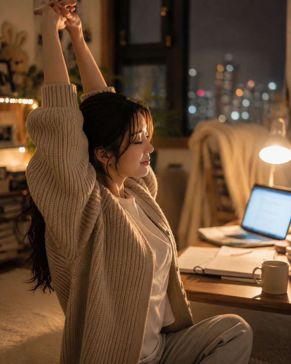 超写实风格的韩式温馨书房人像：一位美丽的韩国女性夜晚盘腿坐在低矮书桌旁的柔软地毯上,身体微微前倾,下巴轻轻搭在一只手上,以平静专注的神情望向镜头,仿佛刚从笔记中抬起头来瞥了一眼。 身穿宽松慵懒...