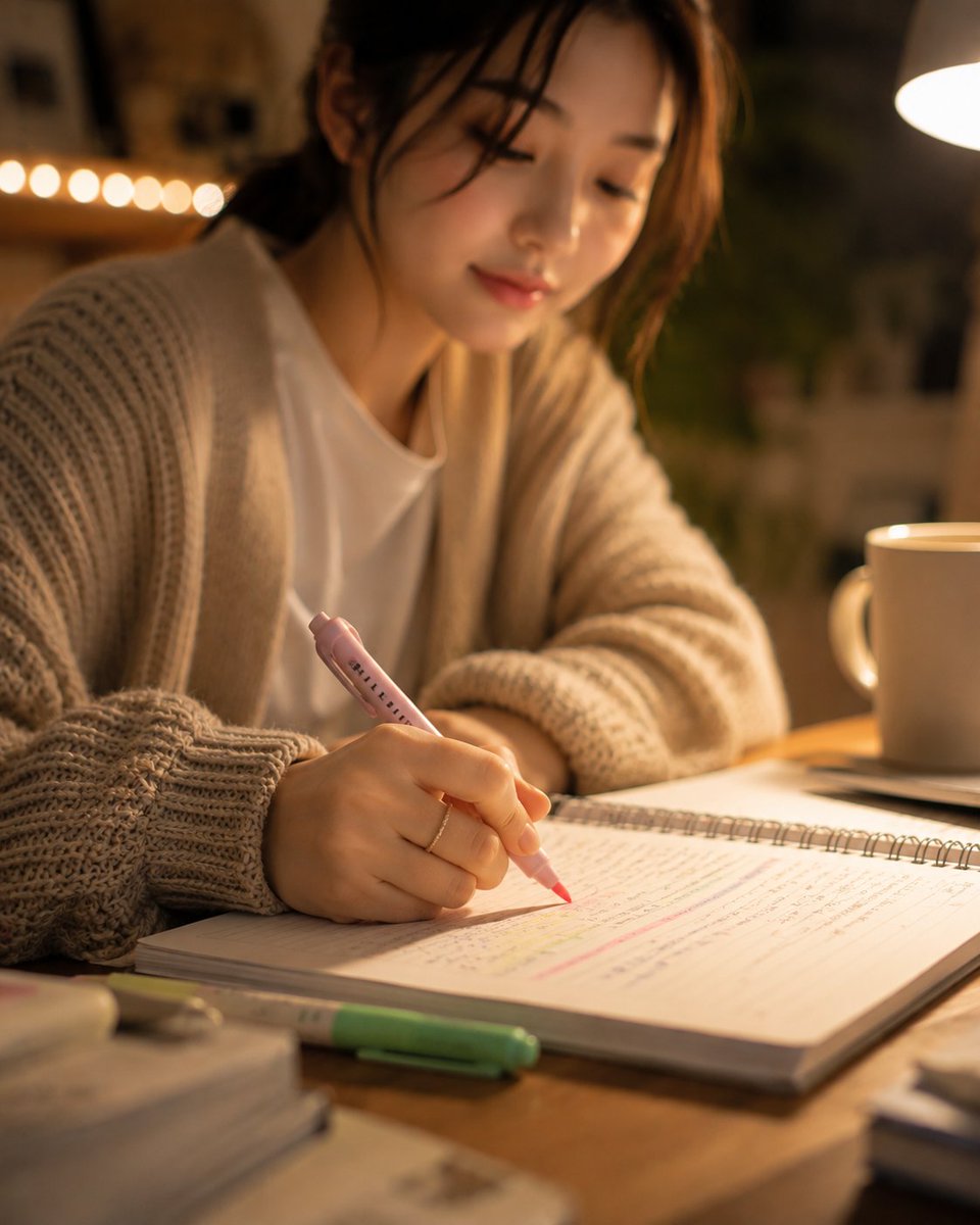 超写实风格的韩式温馨书房人像：一位美丽的韩国女性夜晚盘腿坐在低矮书桌旁的柔软地毯上,身体微微前倾,下巴轻轻搭在一只手上,以平静专注的神情望向镜头,仿佛刚从笔记中抬起头来瞥了一眼。 身穿宽松慵懒...