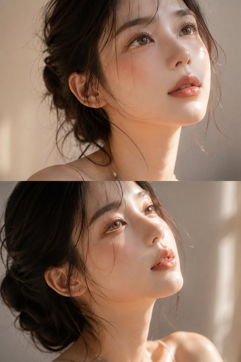 一张超写实的奢华美妆编辑特写肖像照，描绘一位年轻女性，拥有光泽瓷肌与晶莹剔透的玻璃肌质感，眼神柔和梦幻地向上凝视。细腻飘逸的深色发丝以优雅的发髻...