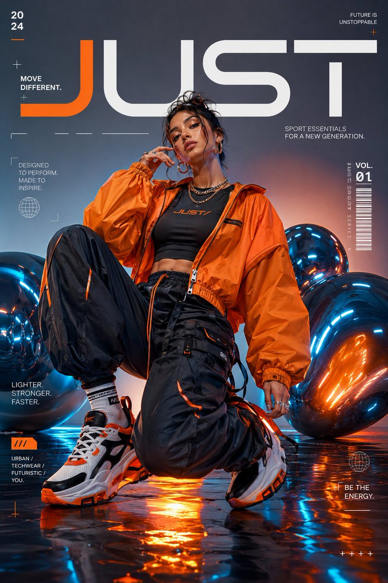 below 👇 创建一个真实感十足的高端时尚运动服饰杂志封面，主体为一位美丽的女性模特，呈现自信的全身姿势。她身穿一件时尚的白色短款夹克、带青绿...