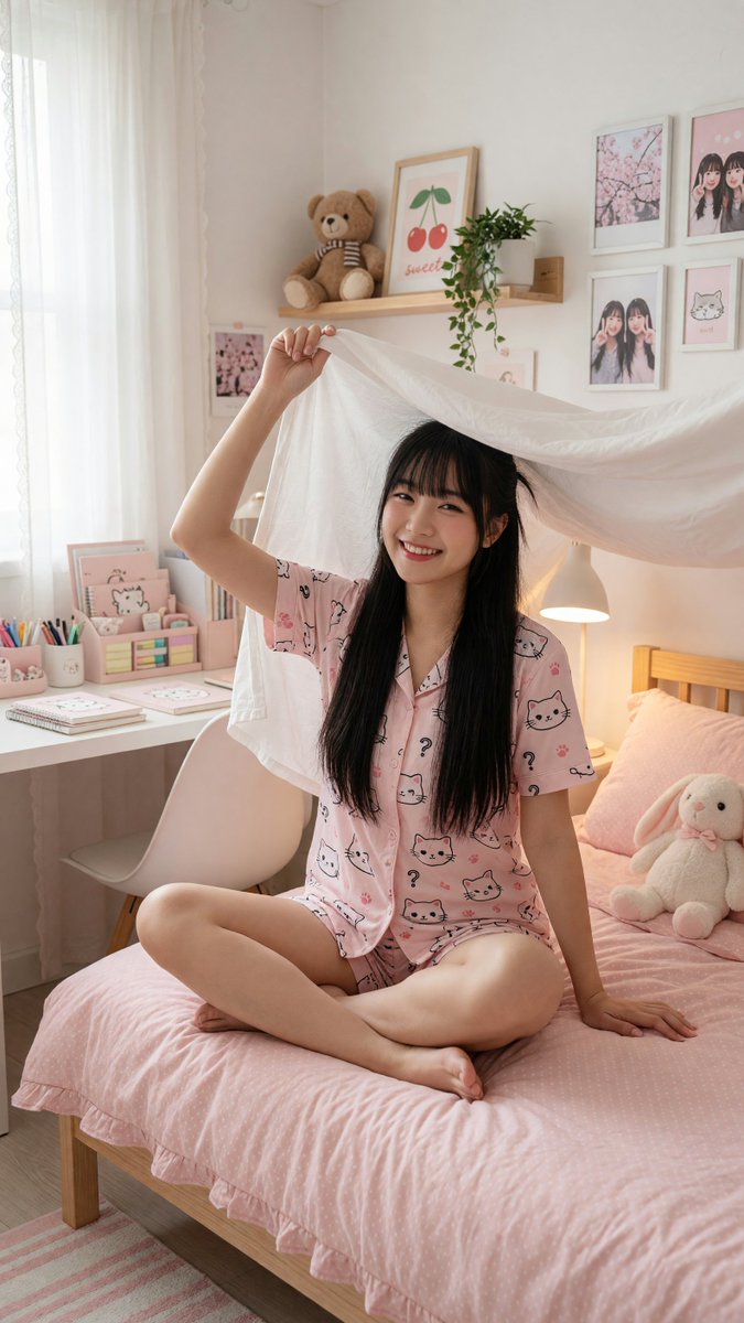 [Grok 图像质量提示词] | ar 9:16 2K 创建于 @TopviewAIhq @topviewaijp #Topview 粉色卧室 一位可爱的年轻东亚女性，二十出头，留着顺直的黑色...