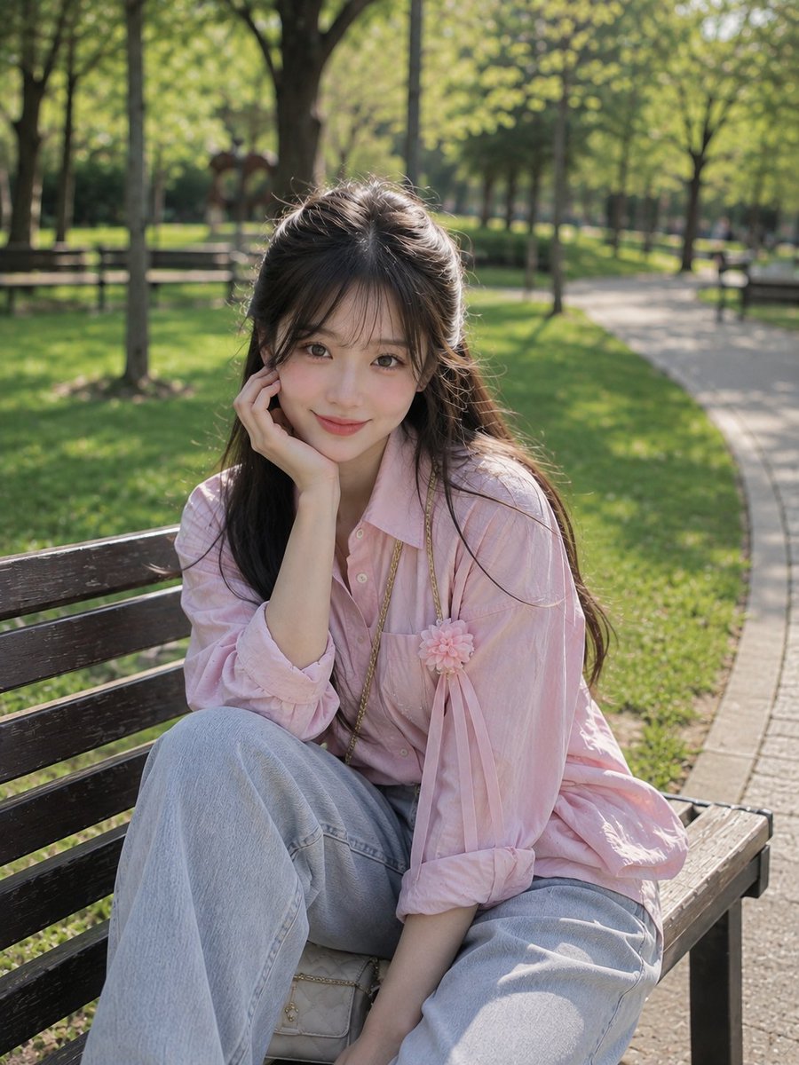 一位美丽的年轻东亚女性,坐在郁郁葱葱的公园里一张木质长椅上,正值明艳的春日午后,她身穿一件粉彩色超大号纽扣衬衫,搭配同色系宽松短裤,呈现出柔和休...