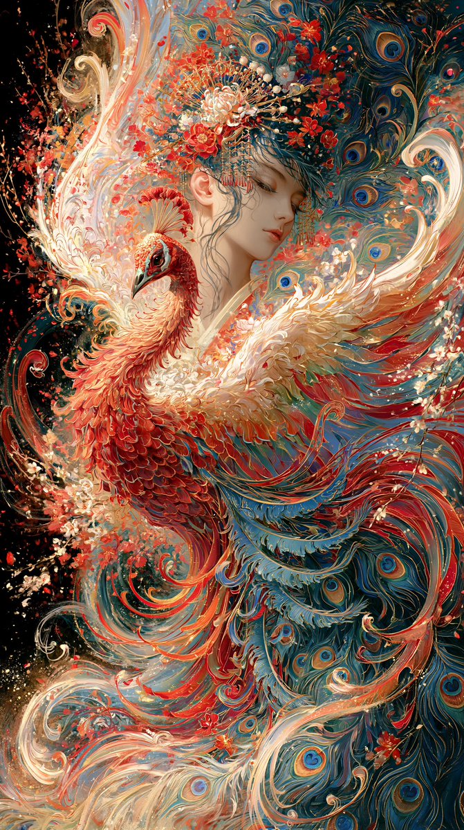 一幅极致密集的东方奇幻艺术杰作，将视觉信息密度推向崩塌的绝对边缘。 一位神圣的东方女神，以宁静的侧脸呈现，她原本精致的脸部特征被保留，瓷般肌肤，...