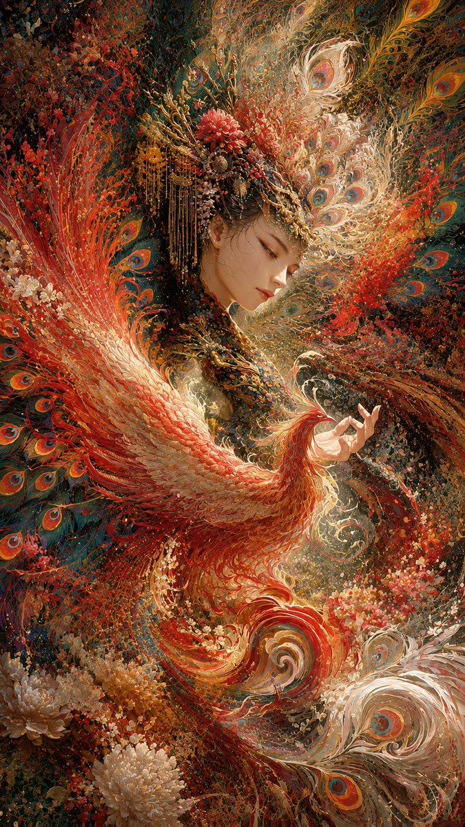 一幅极致密集的东方奇幻艺术杰作，将视觉信息密度推向崩塌的绝对边缘。 一位神圣的东方女神，以宁静的侧脸呈现，她原本精致的脸部特征被保留，瓷般肌肤，神态平静而忧郁，双眼优雅地闭着，被凤凰羽毛、孔雀...