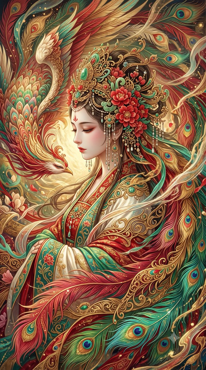 一幅极致密集的东方奇幻艺术杰作，将视觉信息密度推向崩塌的绝对边缘。 一位神圣的东方女神，以宁静的侧脸呈现，她原本精致的脸部特征被保留，瓷般肌肤，神态平静而忧郁，双眼优雅地闭着，被凤凰羽毛、孔雀...
