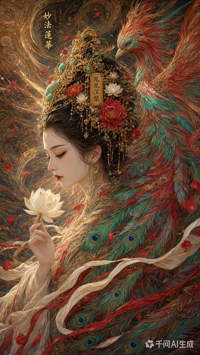 一幅极致密集的东方奇幻艺术杰作，将视觉信息密度推向崩塌的绝对边缘。 一位神圣的东方女神，以宁静的侧脸呈现，她原本精致的脸部特征被保留，瓷般肌肤，神态平静而忧郁，双眼优雅地闭着，被凤凰羽毛、孔雀...