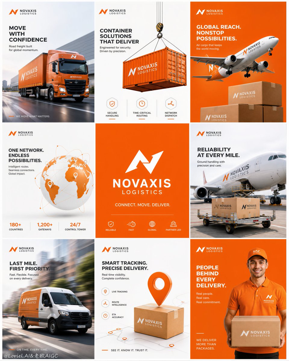 🚚 物流品牌做九宫格时，不要九张图都放卡车。让同一只包裹反复出现，才能把"速度、范围、信任、服务"变成一套完整的品牌记忆。 包裹不是道具，而是整...