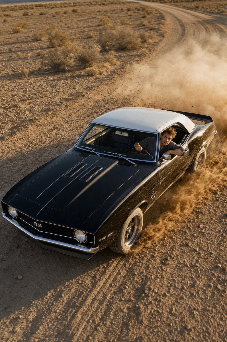 创作一张超高写实度的8K UHD RAW HDR汽车编辑大片：1969年第一代雪佛兰Camaro，亮黑色车身搭配洁净的白色车顶，在开阔的沙漠土路上进行一段极具攻击性的高速动力滑胎。后轮扬起浓密...