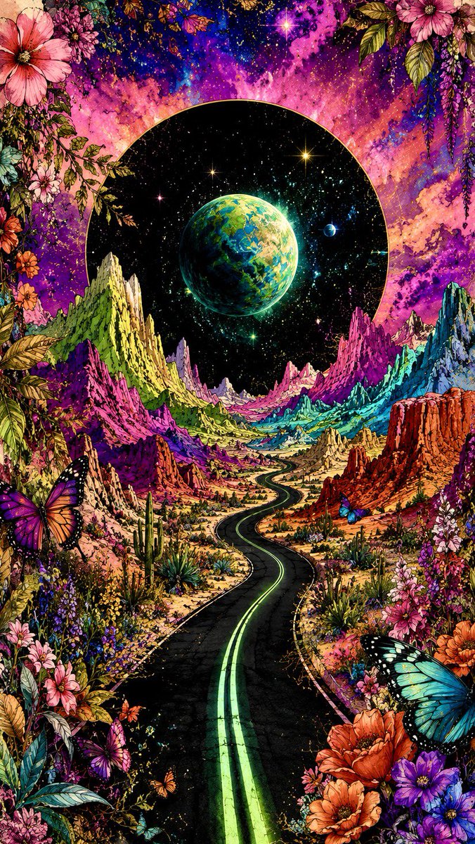 浪漫植物学宇宙奇幻插画：一条孤独的黑色公路蜿蜒穿过崎岖的迷幻沙漠群山，伸向地平线，霓虹绿色的双中心线散发着光芒，营造出戏剧性的透视效果。繁茂的层...