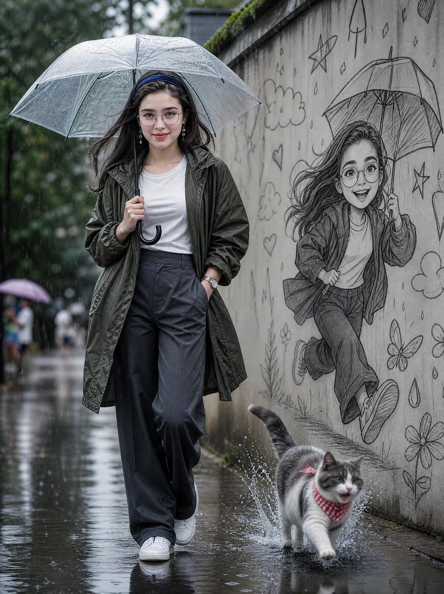 创作一幅电影级超写实的雨天街头人像：一位美丽的年轻女子在湿漉漉的街道上,撑着透明雨伞自信地行走。她身穿深橄榄绿色 oversized 雨衣,内搭...