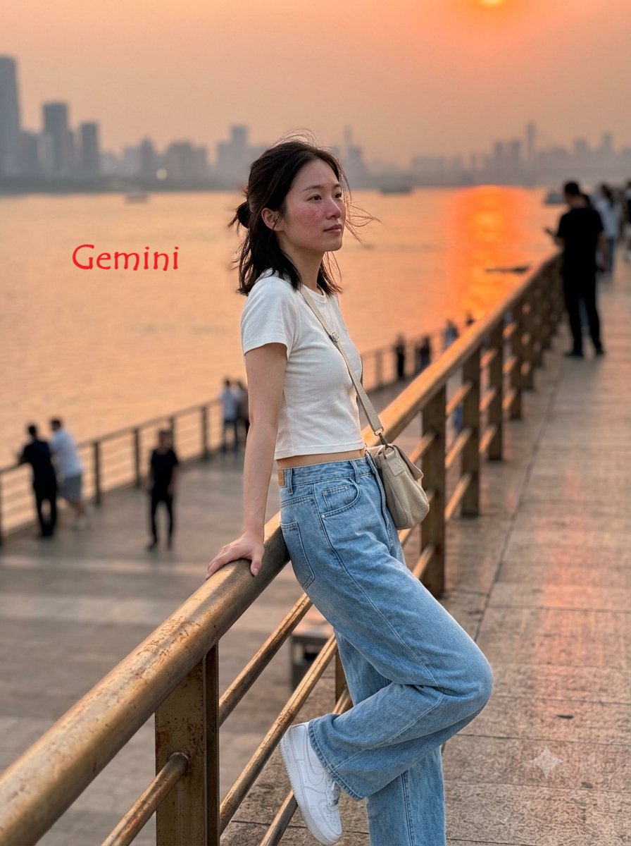 3:4，iPhone 17 后置摄像头搭配 35mm 镜头，写实随性的日常抓拍照片。 主体：25 岁以上、身形纤细的中国女性，干净自然的发型，身着柔软白色短款 T 恤、宽松浅蓝色阔腿牛仔裤（挂...