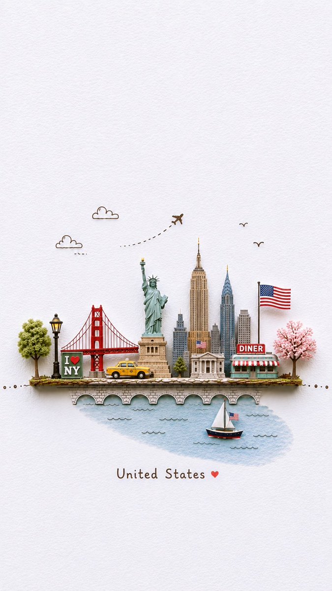 创作一幅迷人的微型3D纸质工艺旅行插画，主题为[DESTINATION]，设计成像一张精致的手工旅行明信片。以小巧手工艺模型的形式展示可识别的当地地标和文化元素，排列在一条狭窄的悬浮景观带上。...