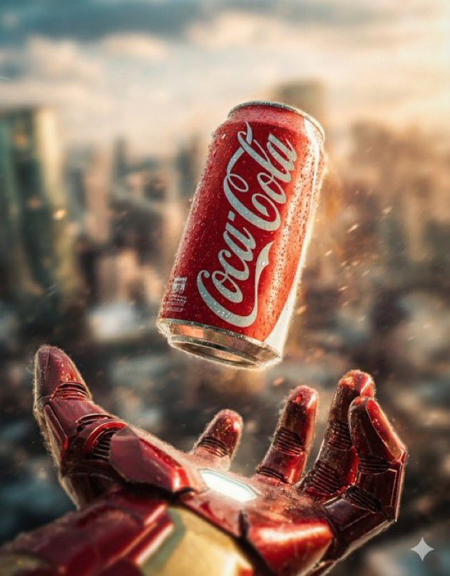 iron_man_coke, Coca-Cola Can, Iron Man's Gauntlet, Blurred City Skyline,...