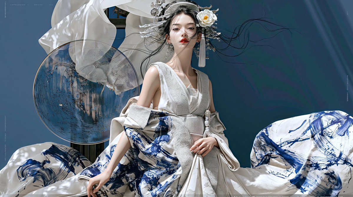 当代东方时尚摄影的杰作，超写实8K RAW摄影，电影级奢华编辑风格，高端中国高级定制美学，灵感源自传统水墨画与青花瓷艺术。 一位美丽的年轻东亚女...