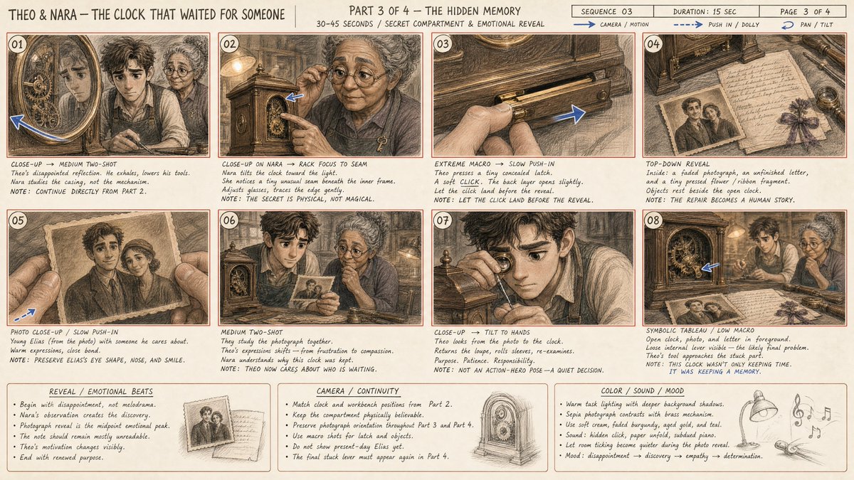 以精确的16:9宽屏横向格式,创建一份完整、高细节的专业动画故事板分镜表,内容为: "THEO & NARA — THE CLOCK T...