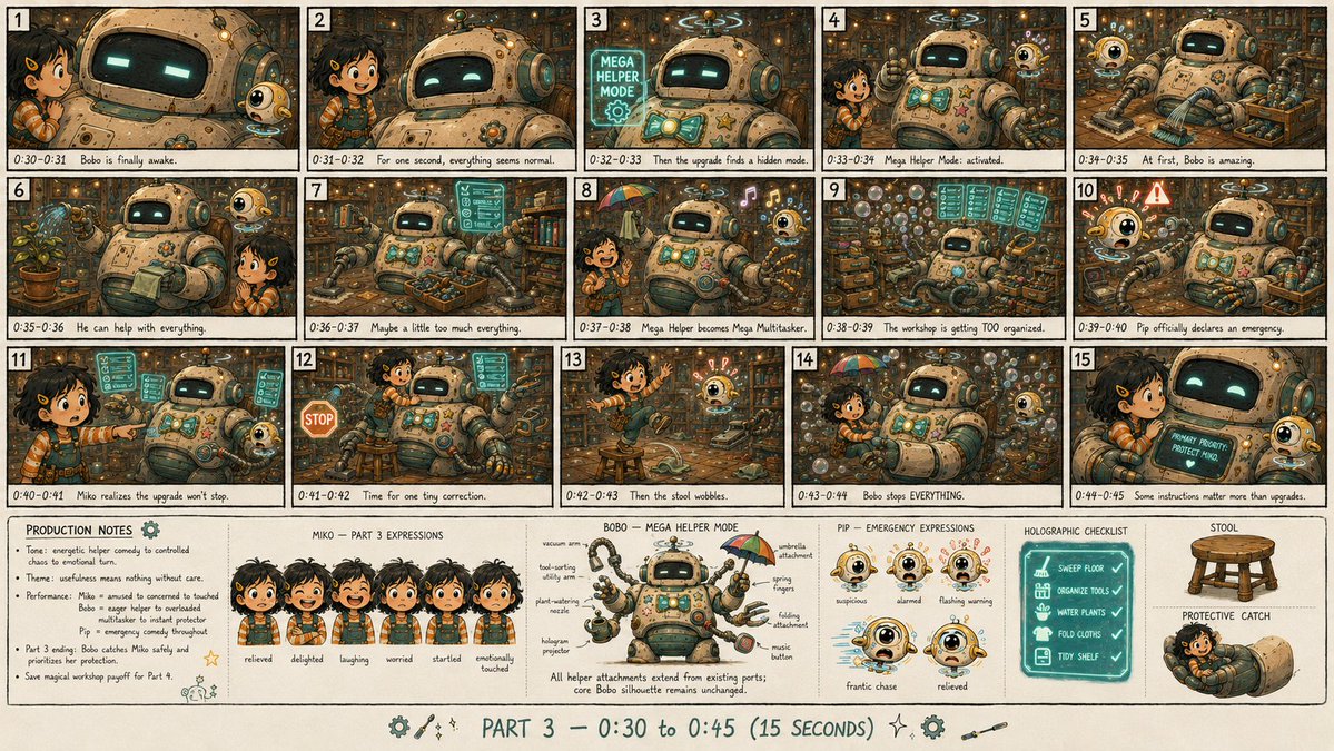 为一部名为《小机械师与沉睡的机器人》的原创2D动画短片绘制一张单一、高细节、专业级分镜表图片，仅对应第3部分。该表应呈现完整的15秒第3部分分镜...