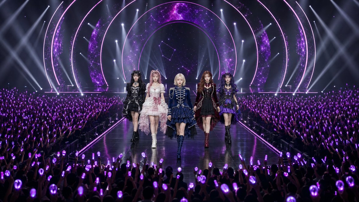 标题：VELVET NOVA — 第一部分：登场 格式 时长严格 7 秒，16:9 宽银幕，超写实高端 K-pop 体育馆演唱会影片，搭配原生同步立体声音频。一段连续的无人机式运镜，从五人成年...
