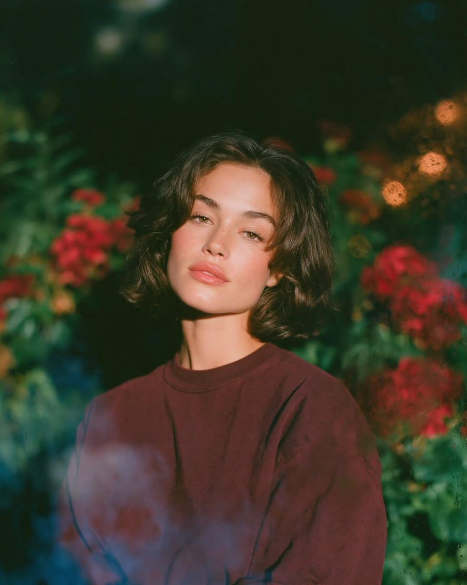 梦幻的电影感夜景人像：一位美丽的年轻女性，留着短款波浪深色头发，皮肤散发着自然光泽，身穿一件宽松的酒红色圆领卫衣，夜晚站在一座郁郁葱葱的花园中，园内开满了鲜艳的红色花朵和深绿色的枝叶。镜头透过...