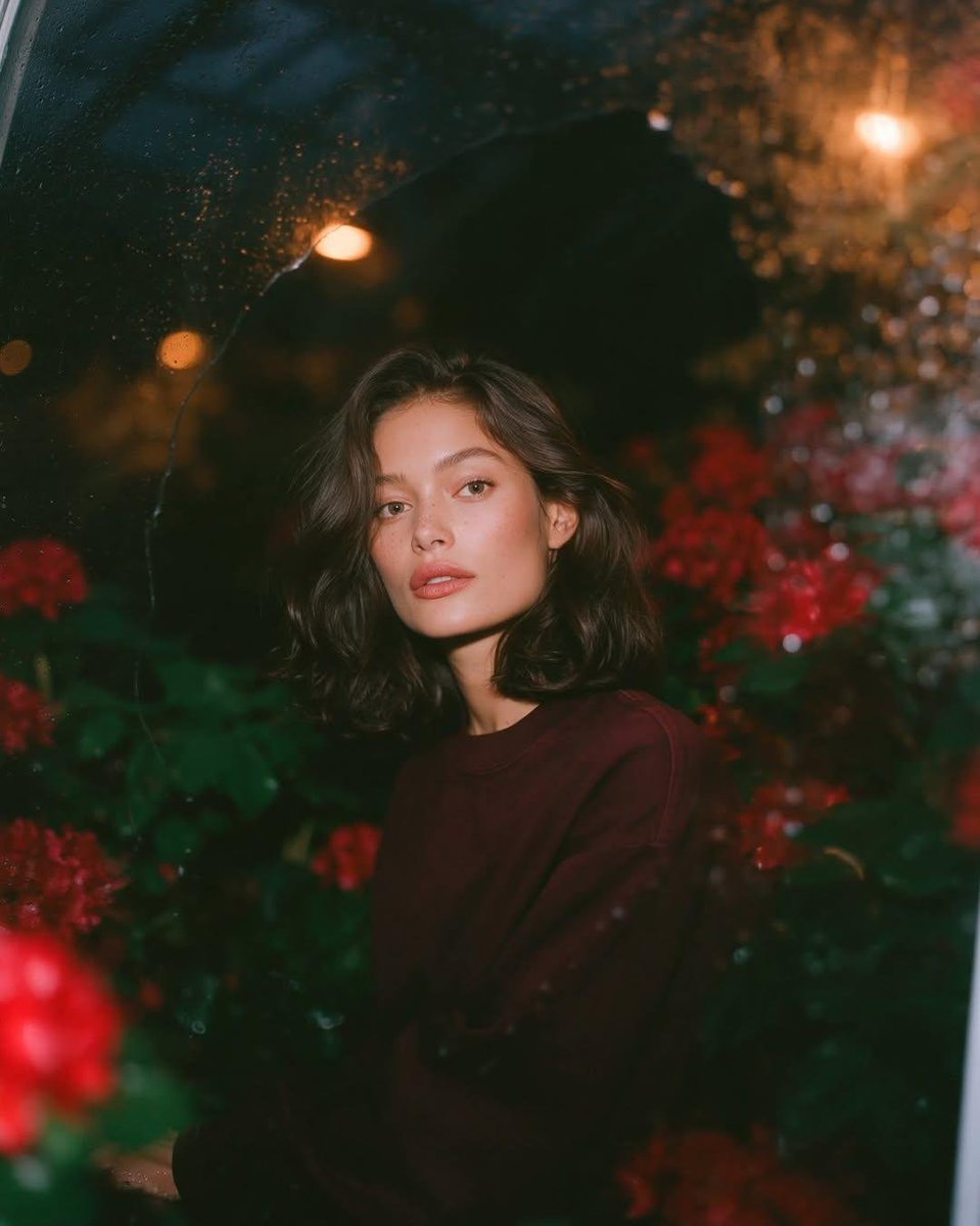 梦幻的电影感夜景人像：一位美丽的年轻女性，留着短款波浪深色头发，皮肤散发着自然光泽，身穿一件宽松的酒红色圆领卫衣，夜晚站在一座郁郁葱葱的花园中，园内开满了鲜艳的红色花朵和深绿色的枝叶。镜头透过...